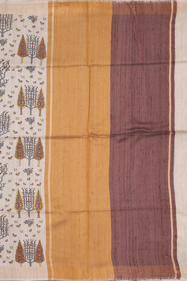 Tussar Madhubani Silk Saree In Cream With Allover Design