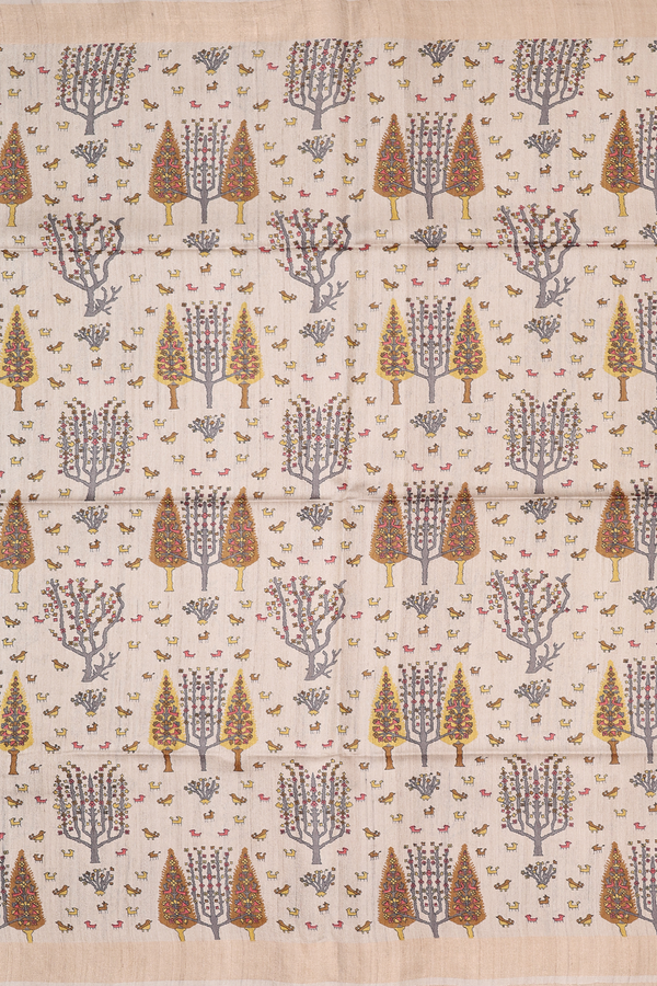 Tussar Madhubani Silk Saree In Cream With Allover Design