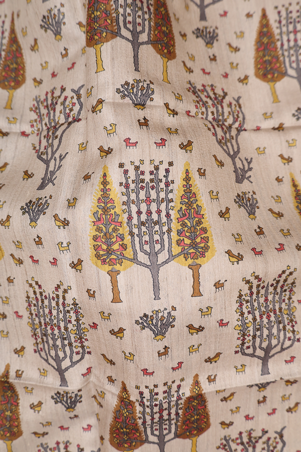 Tussar Madhubani Silk Saree In Cream With Allover Design