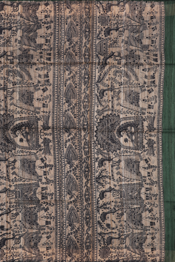 Tussar Madhubani Silk Saree In Forest Green With Zari Border