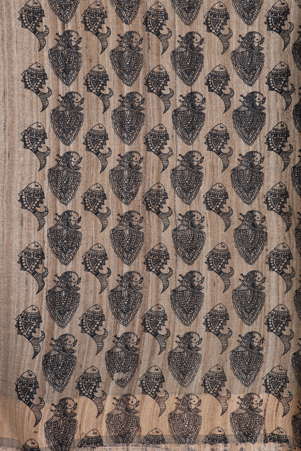 Tussar Madhubani Silk Saree In Forest Green With Zari Border