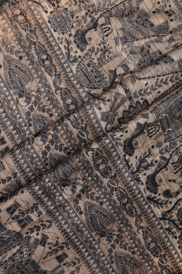Tussar Madhubani Silk Saree In Forest Green With Zari Border