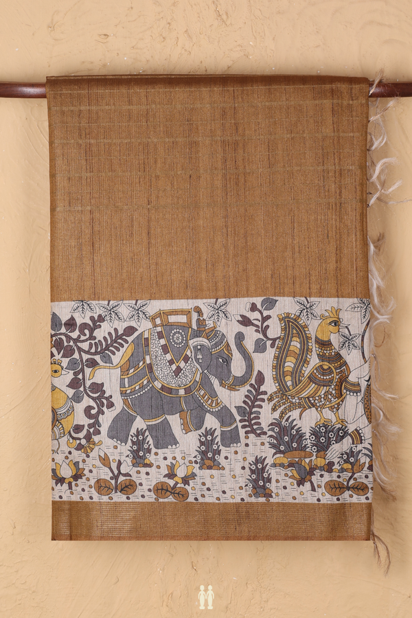 Tussar Madhubani Silk Saree In Golden Brown With Stripes