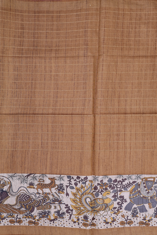 Tussar Madhubani Silk Saree In Golden Brown With Stripes