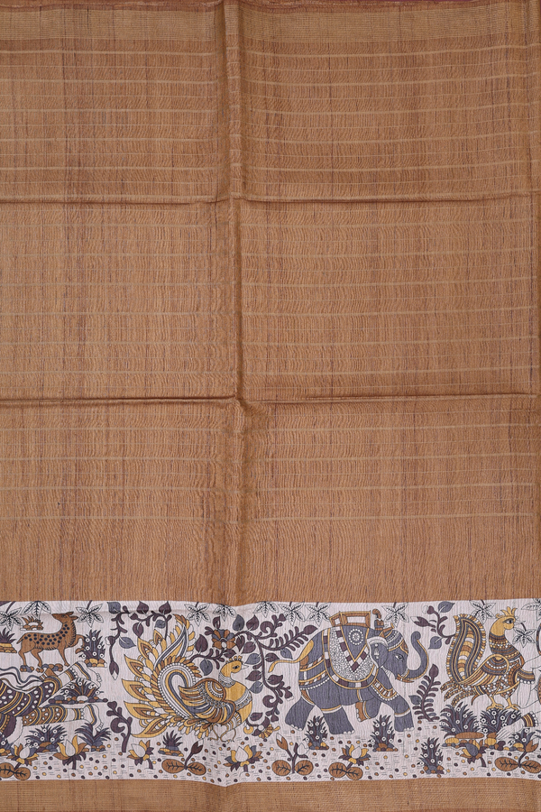 Tussar Madhubani Silk Saree In Golden Brown With Stripes