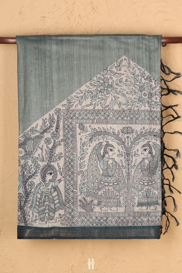 Tussar Madhubani Silk Saree In Green With Printed Design