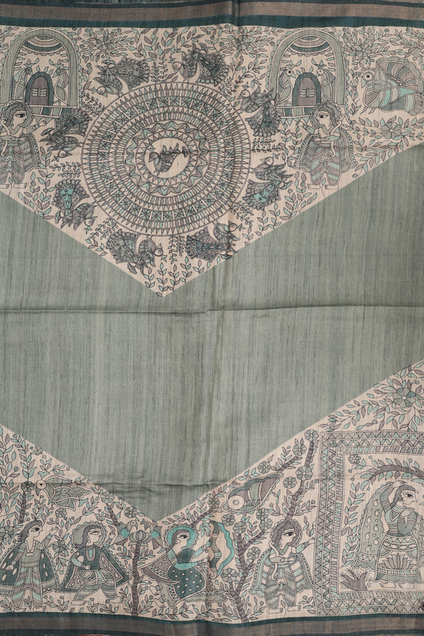 Tussar Madhubani Silk Saree In Green With Printed Design