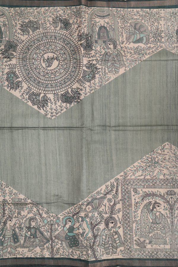 Tussar Madhubani Silk Saree In Green With Printed Design