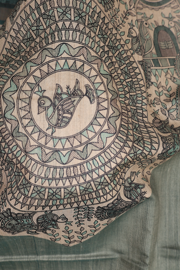 Tussar Madhubani Silk Saree In Green With Printed Design