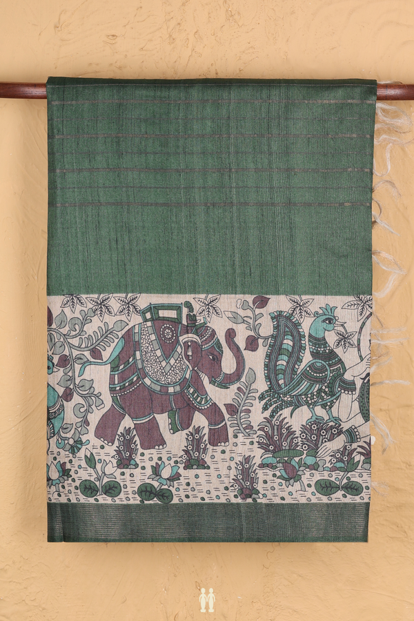 Tussar Madhubani Silk Saree In Green With Stripes Design