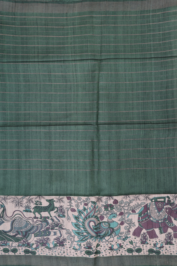 Tussar Madhubani Silk Saree In Green With Stripes Design