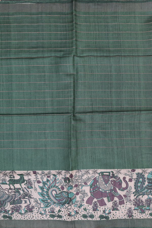 Tussar Madhubani Silk Saree In Green With Stripes Design