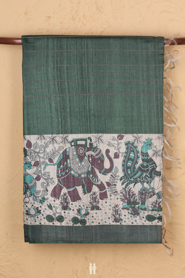 Tussar Madhubani Silk Saree In Green With Peacock Border