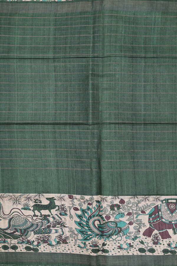 Tussar Madhubani Silk Saree In Green With Peacock Border