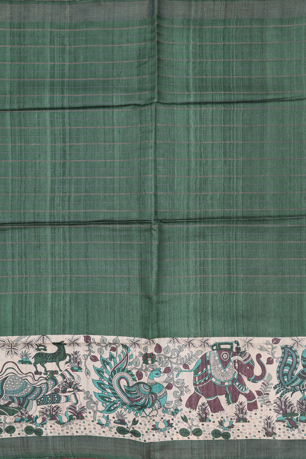 Tussar Madhubani Silk Saree In Green With Peacock Border