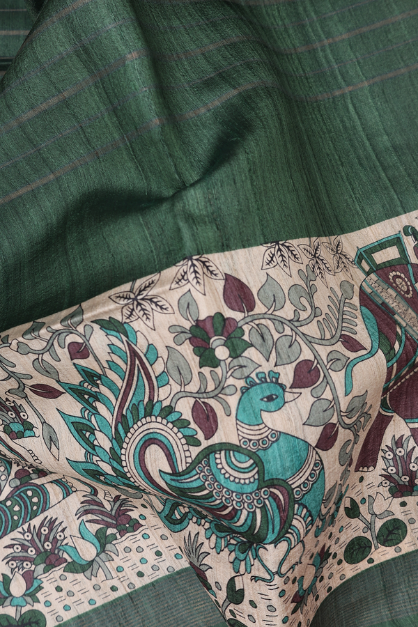 Tussar Madhubani Silk Saree In Green With Peacock Border