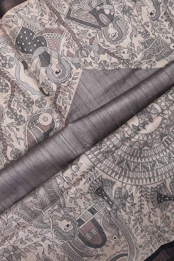 Tussar Madhubani Silk Saree In Grey With Printed Design