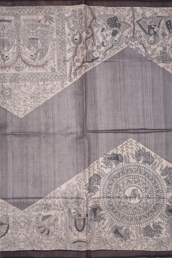 Tussar Madhubani Silk Saree In Grey With Printed Design