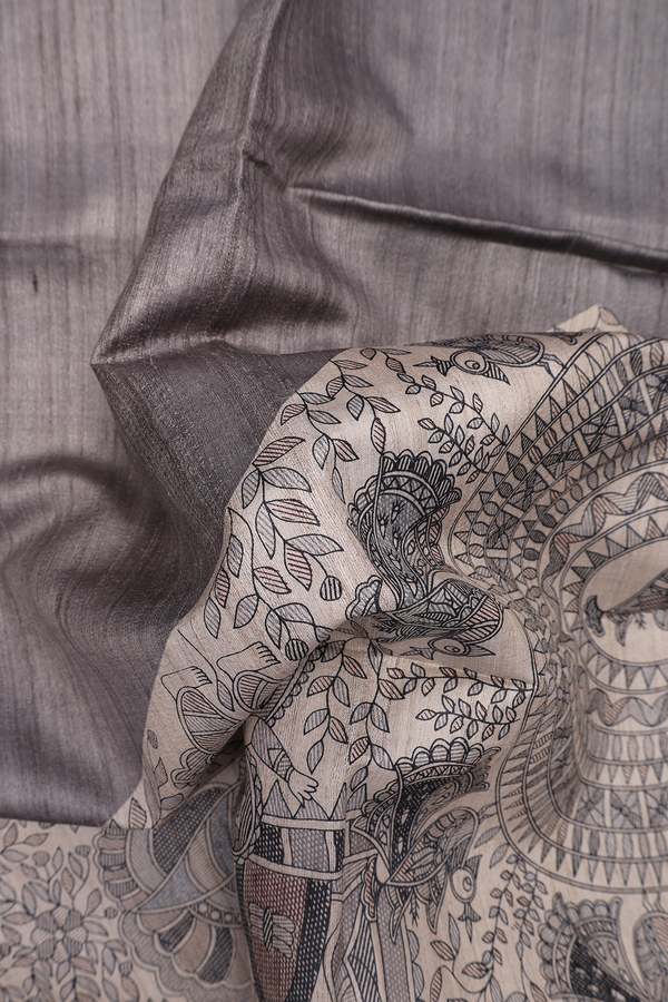 Tussar Madhubani Silk Saree In Grey With Printed Design