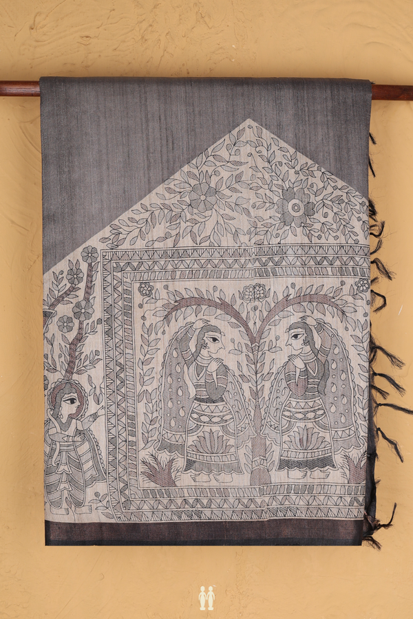 Tussar Madhubani Silk Saree In Grey With Printed Design