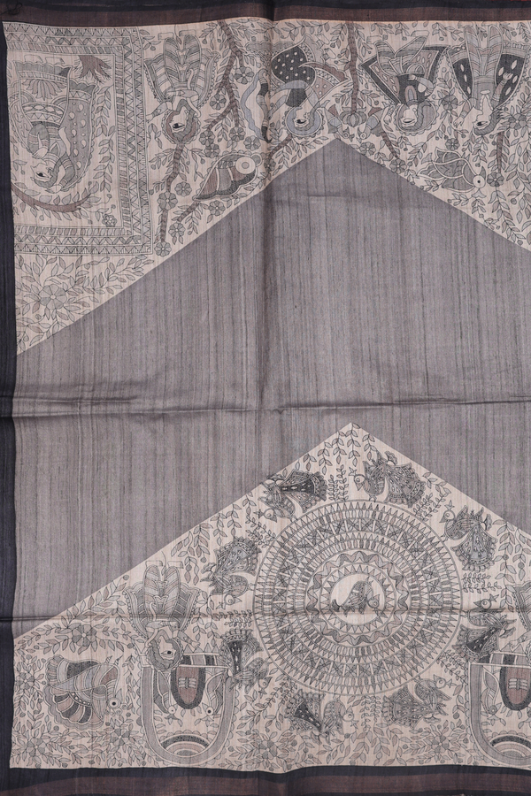 Tussar Madhubani Silk Saree In Grey With Printed Design