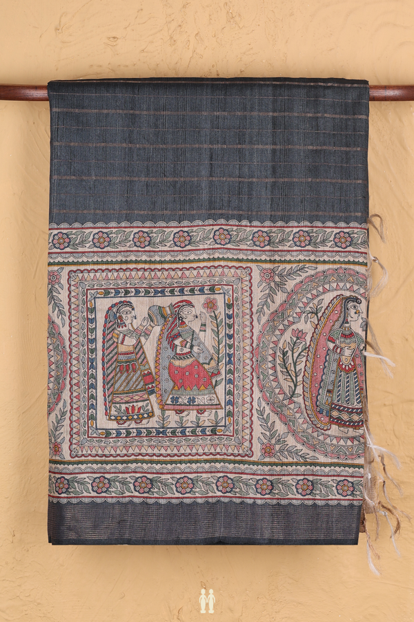 Tussar Madhubani Silk Saree In Grey With Stripes Design