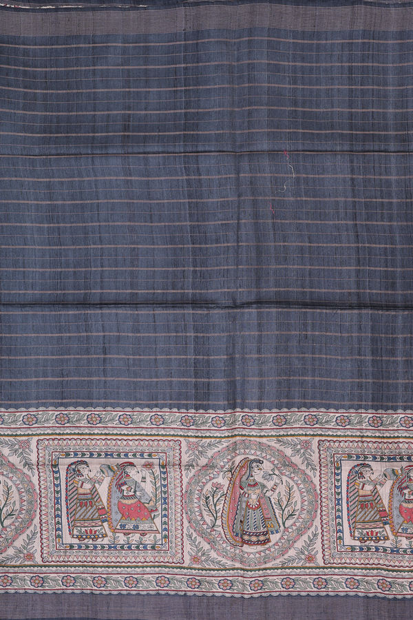 Tussar Madhubani Silk Saree In Grey With Stripes Design