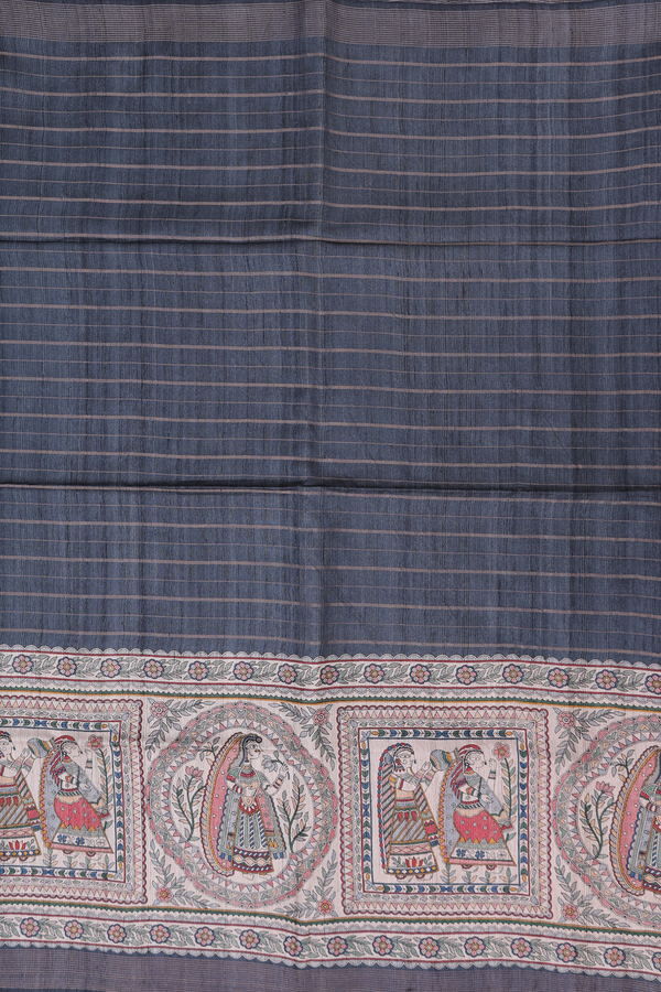 Tussar Madhubani Silk Saree In Grey With Stripes Design