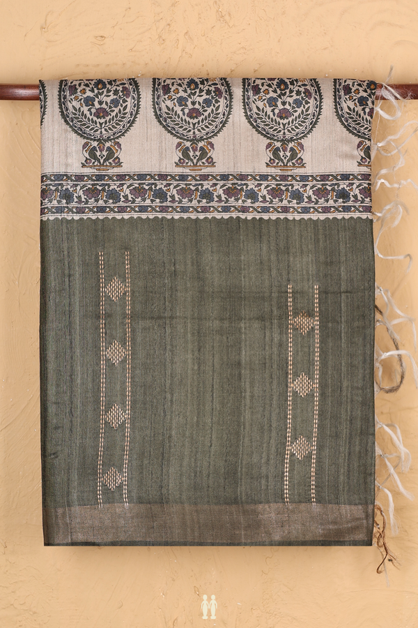 Tussar Madhubani Silk Saree In Olive Green With Paisley Design