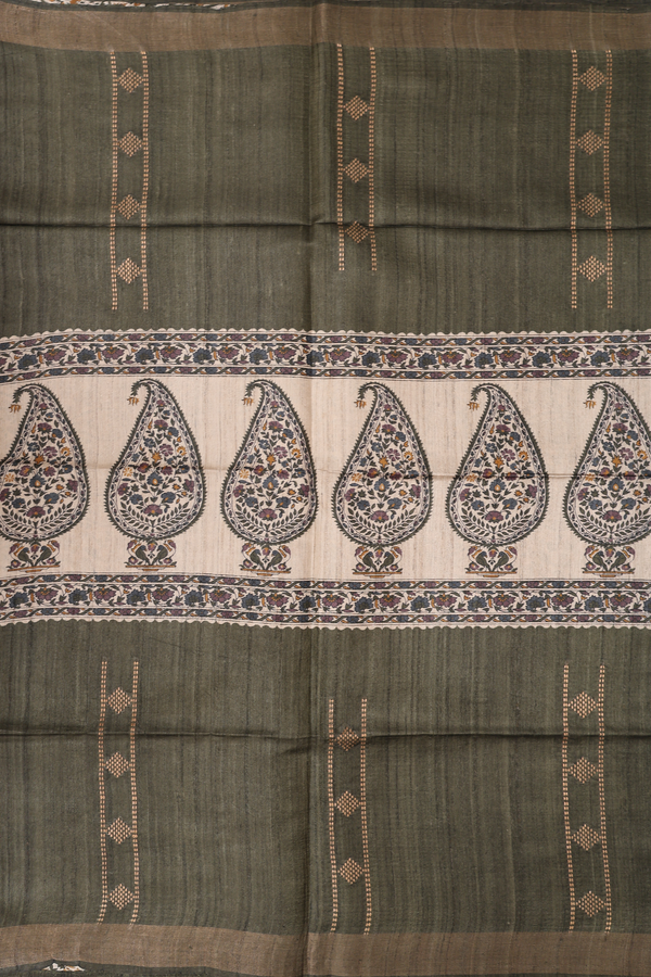 Tussar Madhubani Silk Saree In Olive Green With Paisley Design