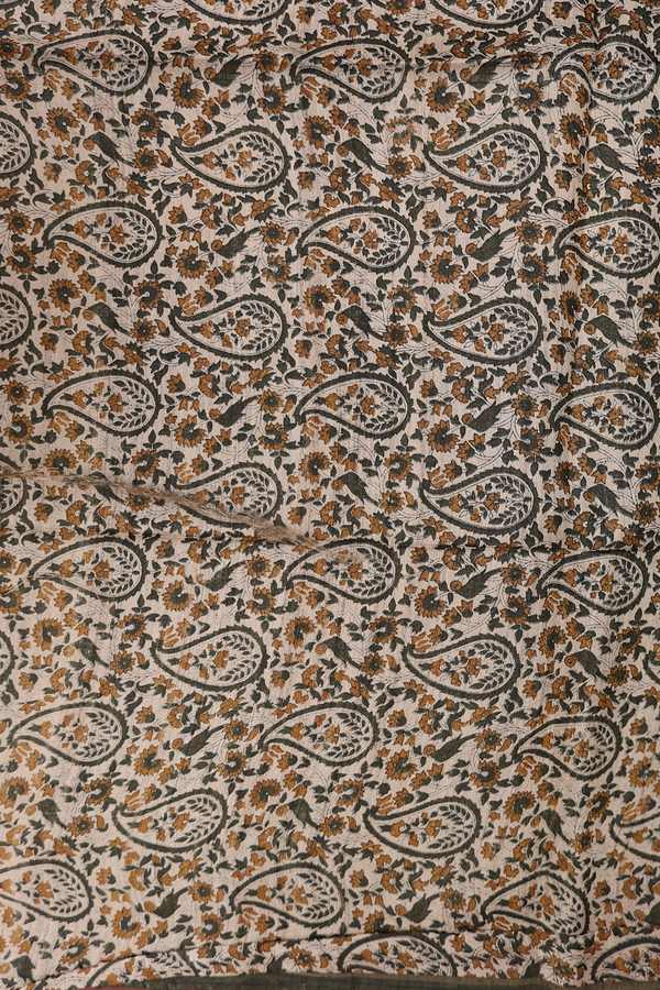 Tussar Madhubani Silk Saree In Olive Green With Paisley Design