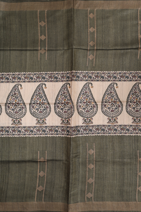 Tussar Madhubani Silk Saree In Olive Green With Paisley Design