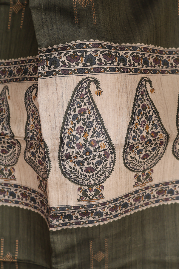 Tussar Madhubani Silk Saree In Olive Green With Paisley Design
