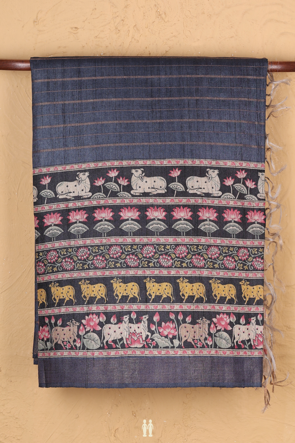 Tussar Madhubani Silk Saree In Pigeon Blue With Stripes Design