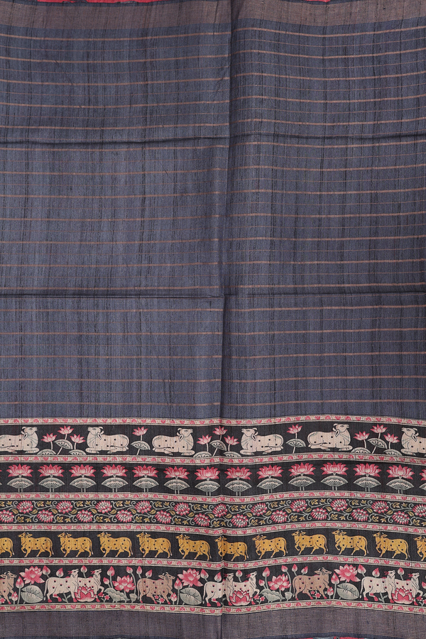 Tussar Madhubani Silk Saree In Pigeon Blue With Stripes Design