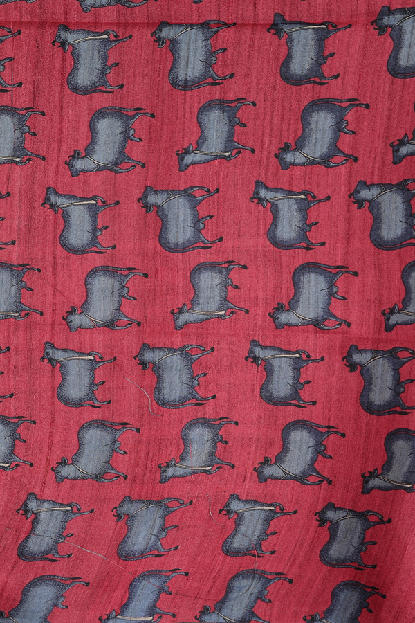 Tussar Madhubani Silk Saree In Pigeon Blue With Stripes Design
