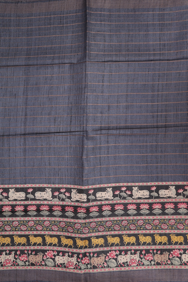 Tussar Madhubani Silk Saree In Pigeon Blue With Stripes Design