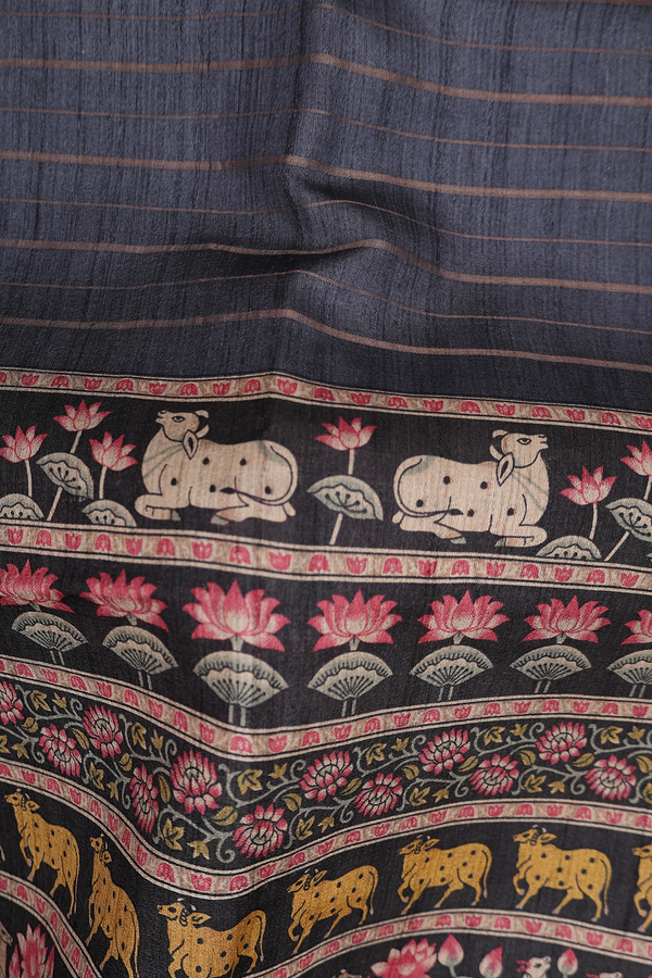 Tussar Madhubani Silk Saree In Pigeon Blue With Stripes Design