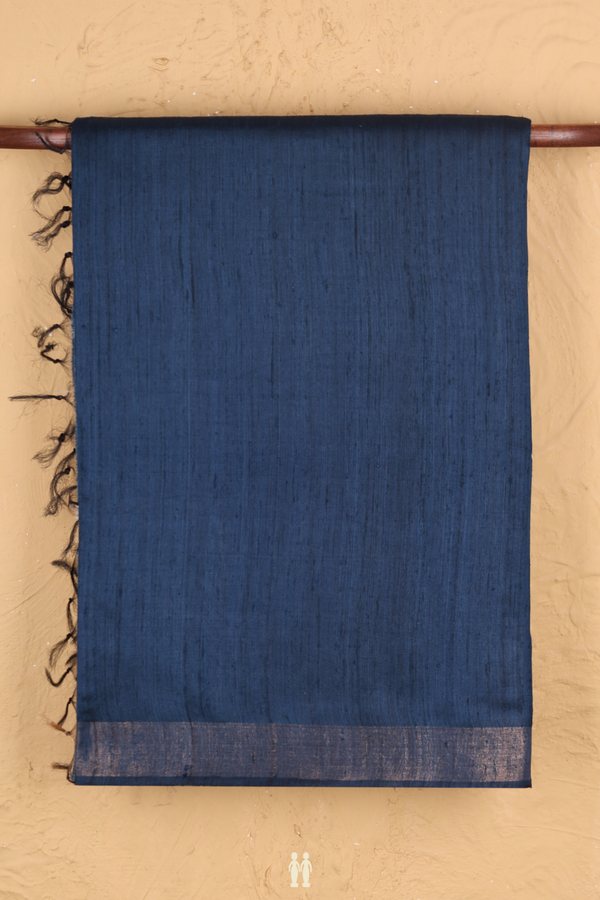 Tussar Madhubani Silk Saree In Prussian Blue With Zari Border