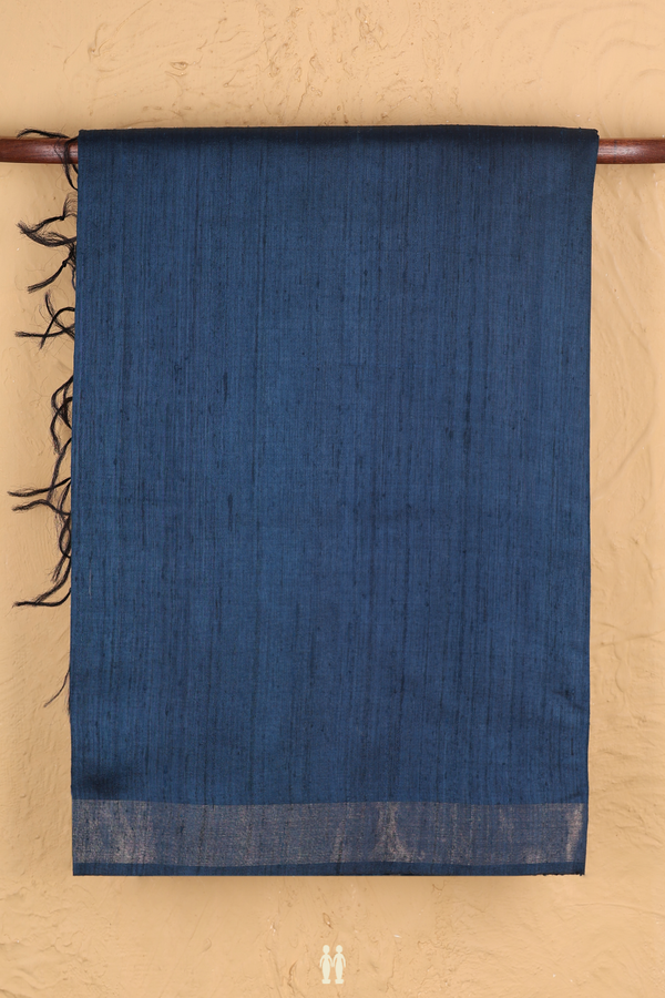 Tussar Madhubani Silk Saree In Prussian Blue With Zari Border
