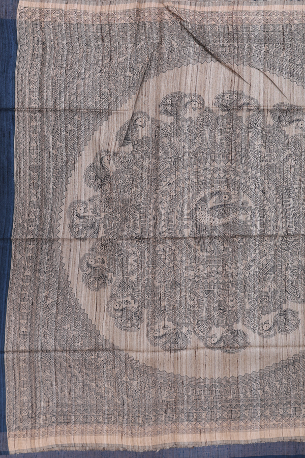 Tussar Madhubani Silk Saree In Prussian Blue With Zari Border