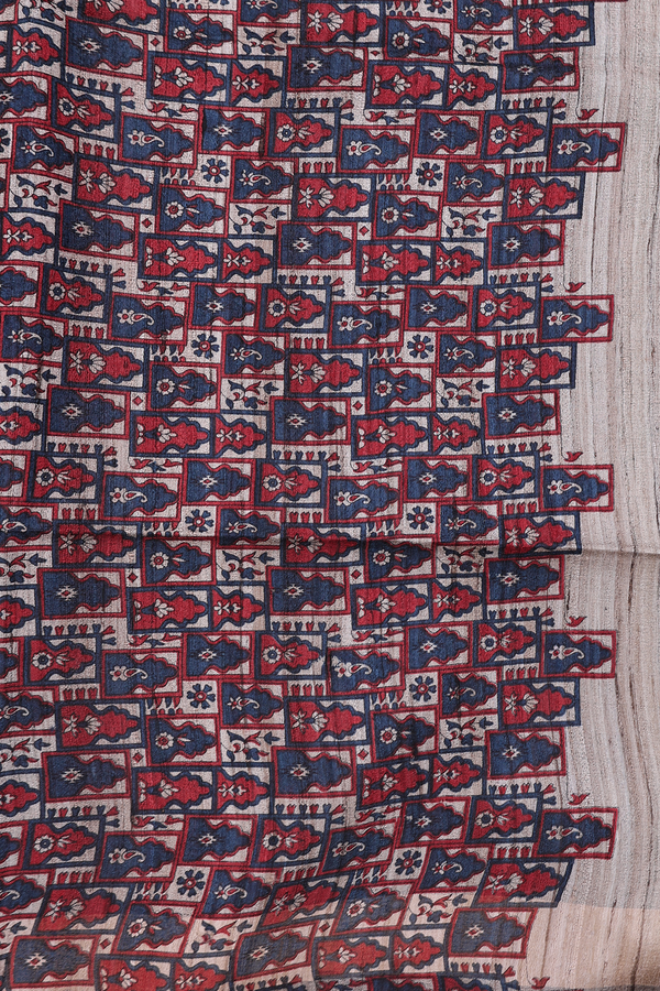 Tussar Madhubani Silk Saree In Prussian Blue With Zari Border