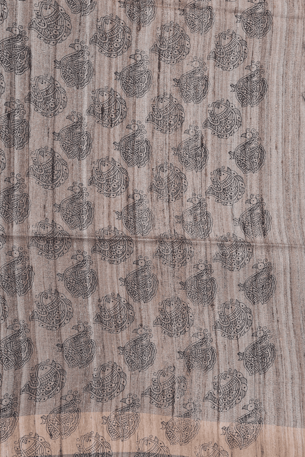 Tussar Madhubani Silk Saree In Prussian Blue With Zari Border