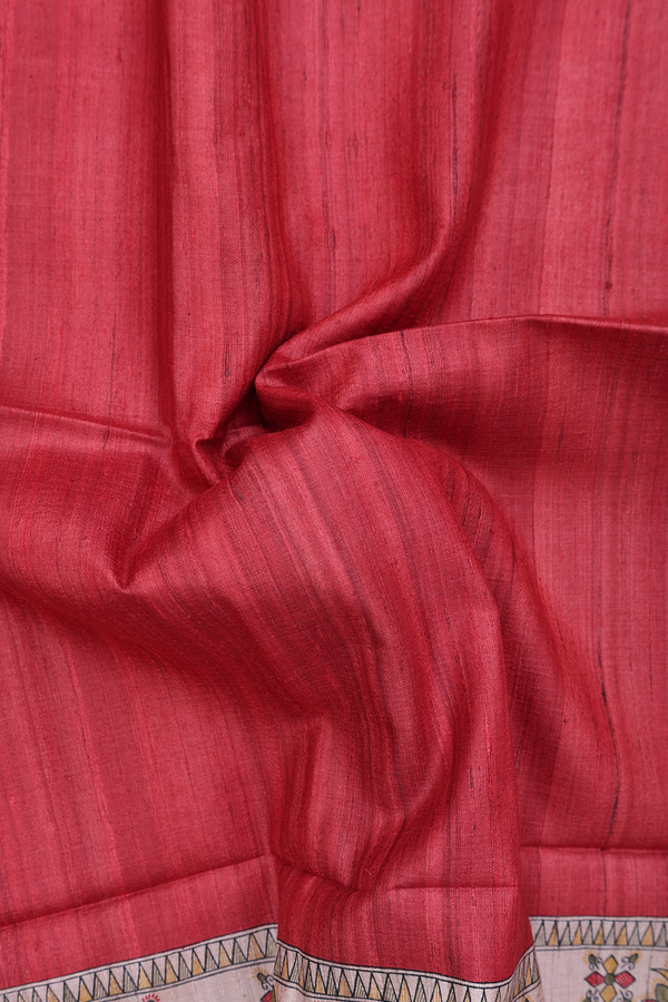 Tussar Madhubani Silk Saree In Red With Contrast Border