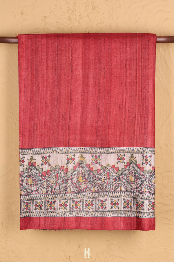 Tussar Madhubani Silk Saree In Red With Contrast Border