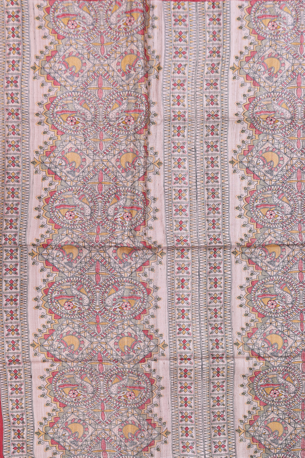 Tussar Madhubani Silk Saree In Red With Contrast Border