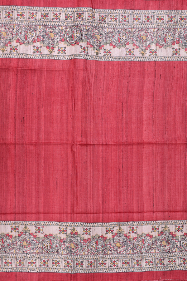 Tussar Madhubani Silk Saree In Red With Contrast Border