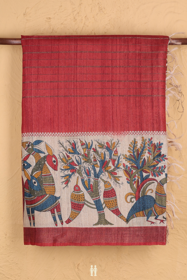 Tussar Madhubani Silk Saree In Red With Stripes Design