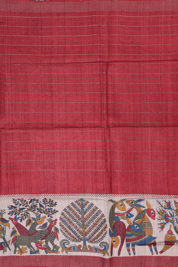 Tussar Madhubani Silk Saree In Red With Stripes Design