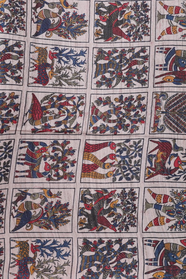 Tussar Madhubani Silk Saree In Red With Stripes Design